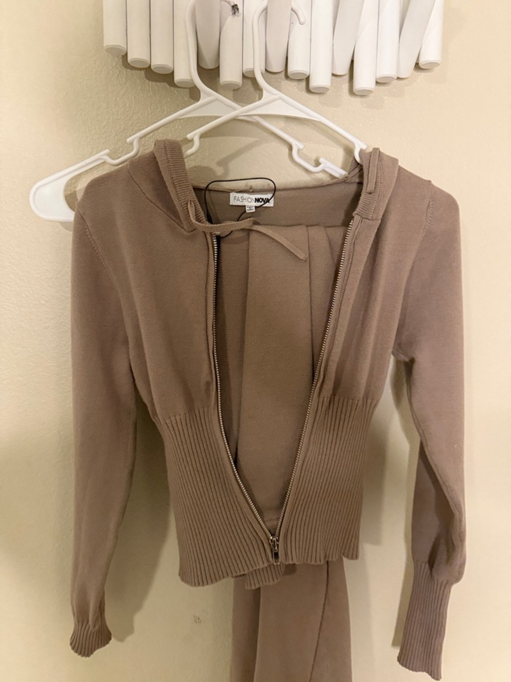 Fashion Nova Taupe Zip-Up Knit Hoodie